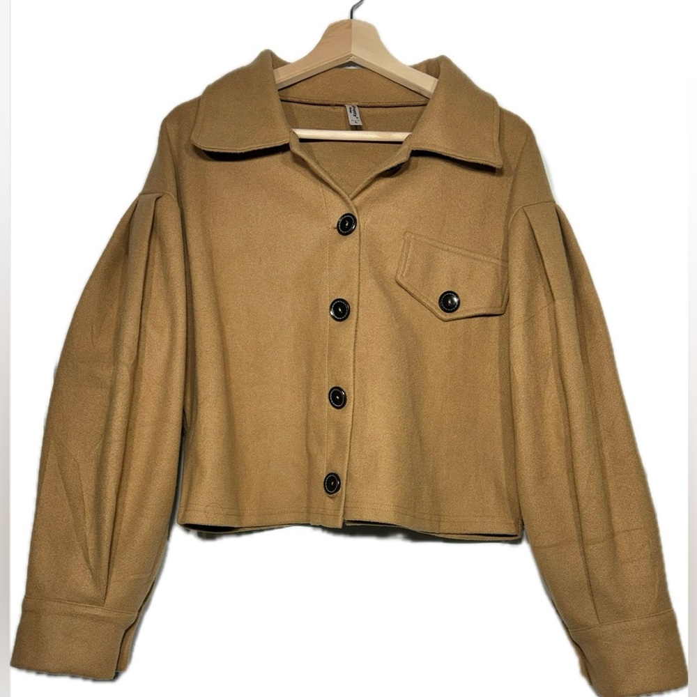 Tan Cropped Teddy Jacket with Collared Neckline and Balloon Sleeves
